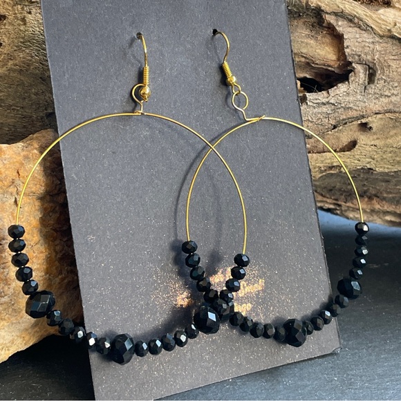 Elegant Black Crystal Beaded Hoop Earrings - Picture 1 of 10